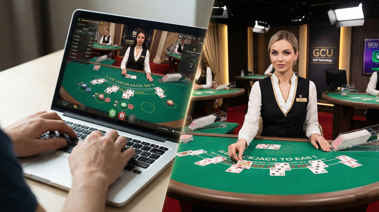 Разделенный экран: слева игрок делает ставки в live-блэкджек на ноутбуке дома, справа живой дилер раздает карты в профессиональной студии казино.